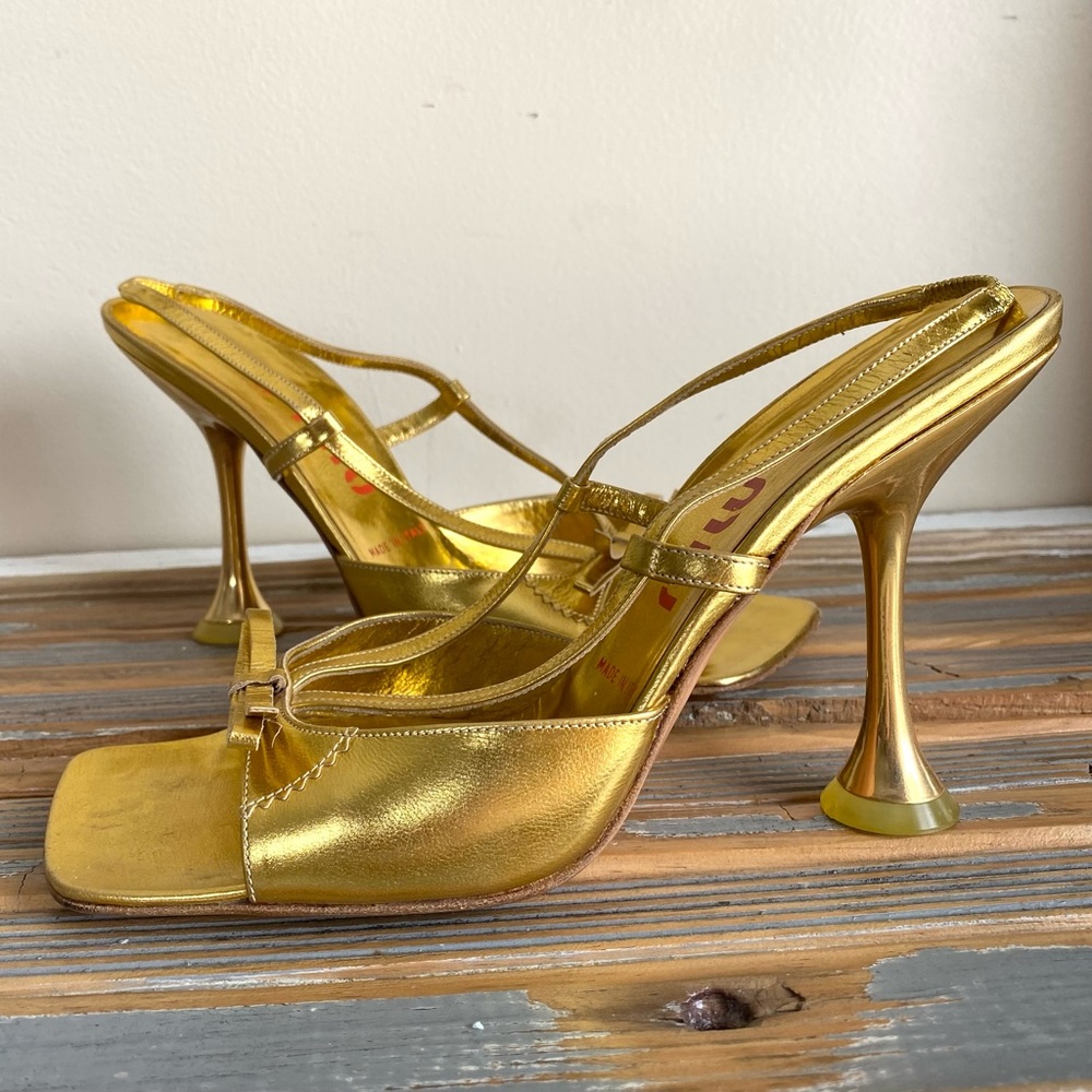 Vintage 90s Miu Miu Metallic Gold Square Toe Heeled Slingback Sandals with Bow